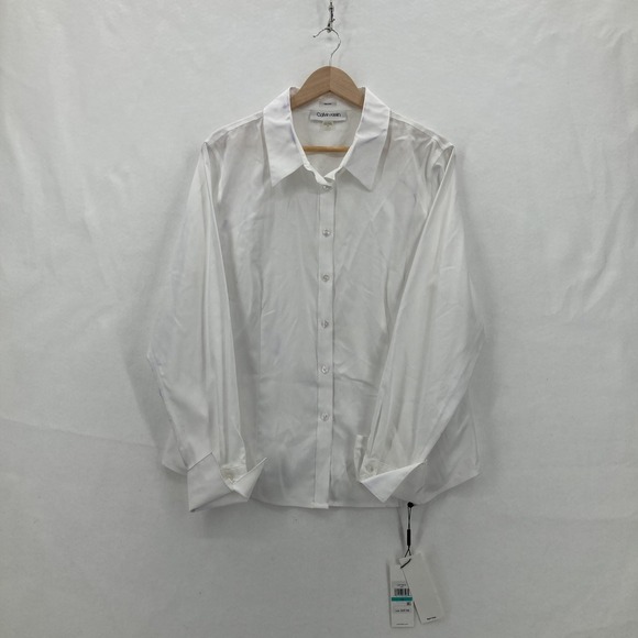 Calvin Klein Shirt Womens 16 White Non-Iron Dress Button Up Long Sleeve Stained - Picture 1 of 16